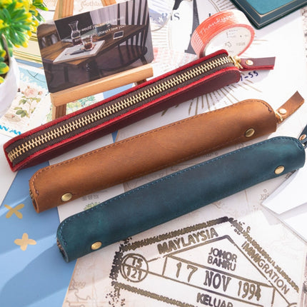 Retro Simple Leather Stylus Leather Zipper Pen Protection Case Crazy Horse Skin Mini Pen Case(Ink Green)-garmade.com