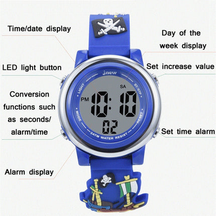 JNEW A380-20092 Children Cartoon 3D Pirate Ship Waterproof Time Cognitive Multifunction Sports LED Electronic Watch(Blue)-garmade.com