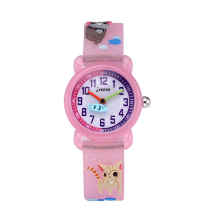 JNEW A335-86264 Children Cartoon 3D Kitten Catching Fish Silicone Waterproof Quartz Watch( Pink)-garmade.com