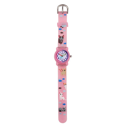 JNEW A335-86264 Children Cartoon 3D Kitten Catching Fish Silicone Waterproof Quartz Watch( Pink)-garmade.com