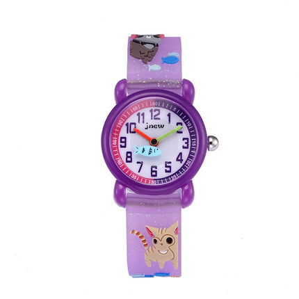 JNEW A335-86264 Children Cartoon 3D Kitten Catching Fish Silicone Waterproof Quartz Watch(Purple)-garmade.com