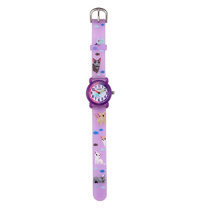 JNEW A335-86264 Children Cartoon 3D Kitten Catching Fish Silicone Waterproof Quartz Watch(Purple)-garmade.com