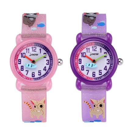 JNEW A335-86264 Children Cartoon 3D Kitten Catching Fish Silicone Waterproof Quartz Watch(Purple)-garmade.com