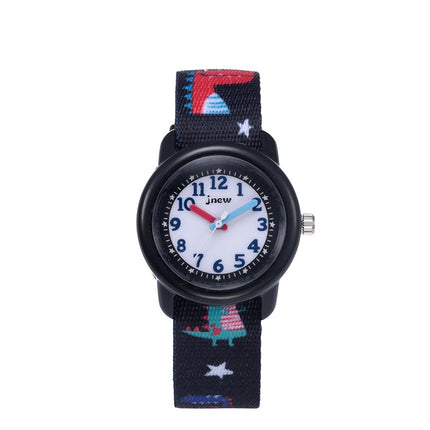 JNEW A369-86397 Children Cartoon Dinosaur Waterproof Time Cognitive Ribbon Quartz Watch(Black)-garmade.com