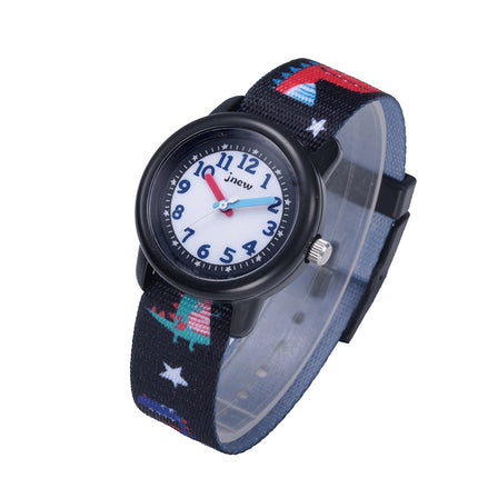 JNEW A369-86397 Children Cartoon Dinosaur Waterproof Time Cognitive Ribbon Quartz Watch(Black)-garmade.com