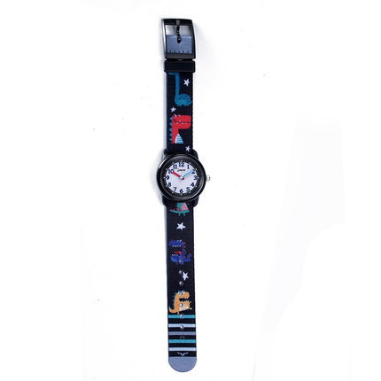 JNEW A369-86397 Children Cartoon Dinosaur Waterproof Time Cognitive Ribbon Quartz Watch(Black)-garmade.com