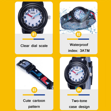 JNEW A369-86397 Children Cartoon Dinosaur Waterproof Time Cognitive Ribbon Quartz Watch(Black)-garmade.com