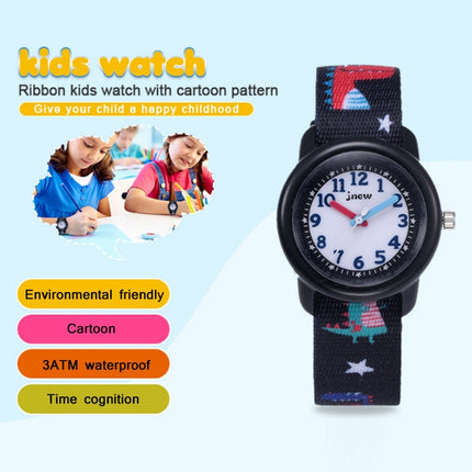 JNEW A369-86397 Children Cartoon Dinosaur Waterproof Time Cognitive Ribbon Quartz Watch(Black)-garmade.com