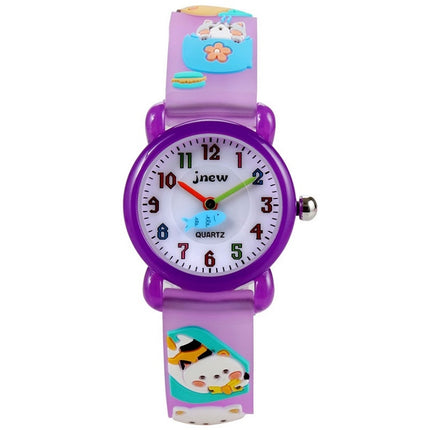 JNEW A335-86192 Children 3D Silicone Cute Cartoon Scheming Cat Waterproof Quartz Watch( Purple)-garmade.com