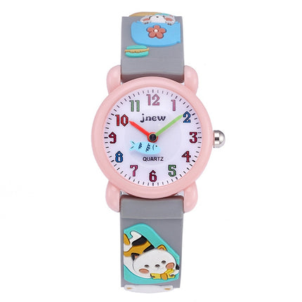 JNEW A335-86192 Children 3D Silicone Cute Cartoon Scheming Cat Waterproof Quartz Watch(Gray)-garmade.com