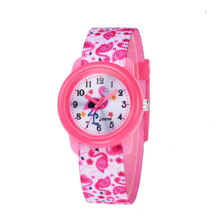 JNEW A369-86321 Children Waterproof Time Cognitive Cartoon Ribbon Quartz Watch(Flamingo)-garmade.com