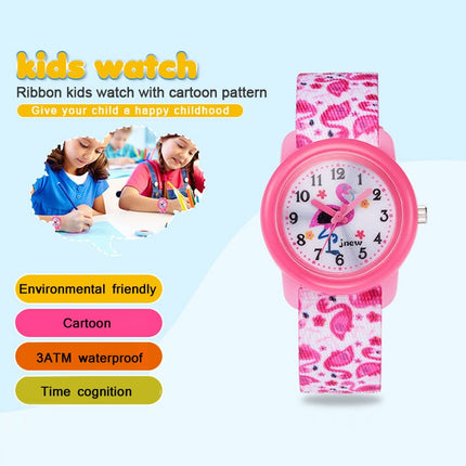 JNEW A369-86321 Children Waterproof Time Cognitive Cartoon Ribbon Quartz Watch(Flamingo)-garmade.com
