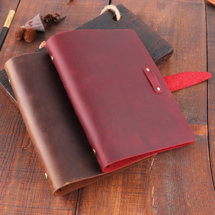 A5 Cowhide Retro Loose-Leaf Notebook Diary Office Business Simple Notepad Crazy Horse Leather Handbook(Wine Red)-garmade.com