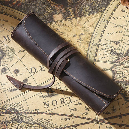 Retro First Layer Cowhide Pen Curtain Simple Literary Pencil Case Multifunctional Volume Pencil Case(Crazy Horse Skin Coffee)-garmade.com