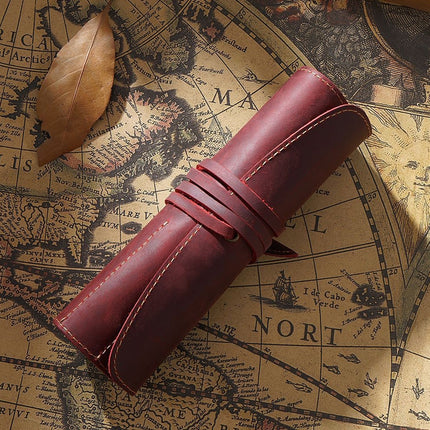 Retro First Layer Cowhide Pen Curtain Simple Literary Pencil Case Multifunctional Volume Pencil Case(Crazy Horse Skin Wine Red)-garmade.com