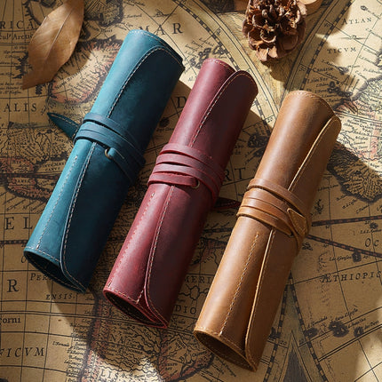 Retro First Layer Cowhide Pen Curtain Simple Literary Pencil Case Multifunctional Volume Pencil Case(Crazy Horse Skin Coffee)-garmade.com