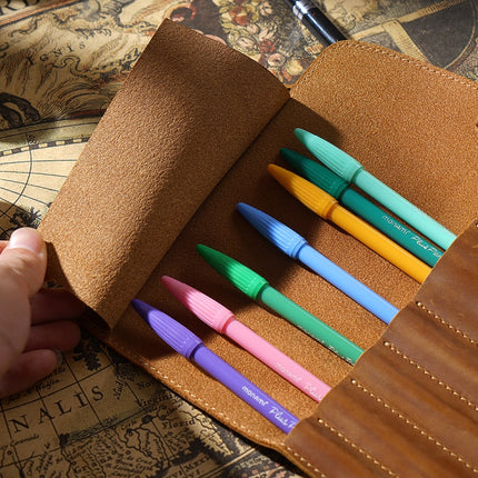 Retro First Layer Cowhide Pen Curtain Simple Literary Pencil Case Multifunctional Volume Pencil Case(Crazy Horse Skin Blue)-garmade.com