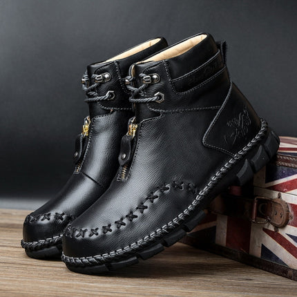 PO825 Autumn And Winter Men Martin Boots Leather Hand-stitched High-Top Men Shoes, Size: 42(Black)-garmade.com