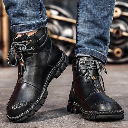 PO825 Autumn And Winter Men Martin Boots Leather Hand-stitched High-Top Men Shoes, Size: 42(Black)-garmade.com