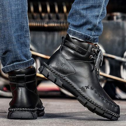 PO825 Autumn And Winter Men Martin Boots Leather Hand-stitched High-Top Men Shoes, Size: 42(Black)-garmade.com