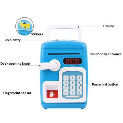 8001 Fingerprint Sensor Unlock ATM Piggy Bank Automatic Rolling Money Simulation Password Safe Toy(Big-headed Rat Blue)-garmade.com