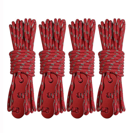 4m x 4 Rolls Outdoor Camping Tent Canopy Wind Rope Luminous Multi-Function Wind Rope Buckle Tent Fixed Rope(S Buckle-Red )-garmade.com