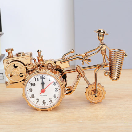 K0931 Retro Clock Ornaments Office Desk Pen Tube Tractor Model Children Toy Alarm(Golden)-garmade.com