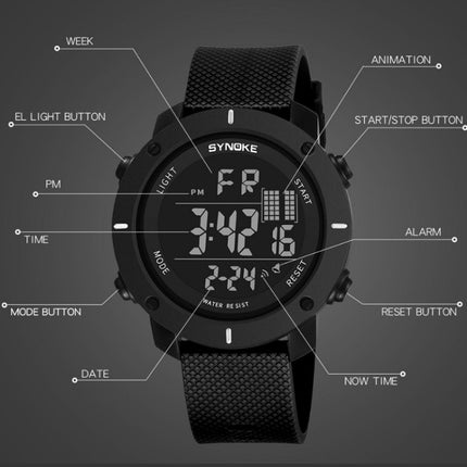 SYNOKE 9658 Student Outdoor Multi-Function Waterproof Large Dial Sports Electronic Watch(Black Silver)-garmade.com