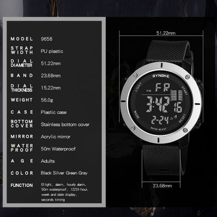SYNOKE 9658 Student Outdoor Multi-Function Waterproof Large Dial Sports Electronic Watch(Black Silver)-garmade.com
