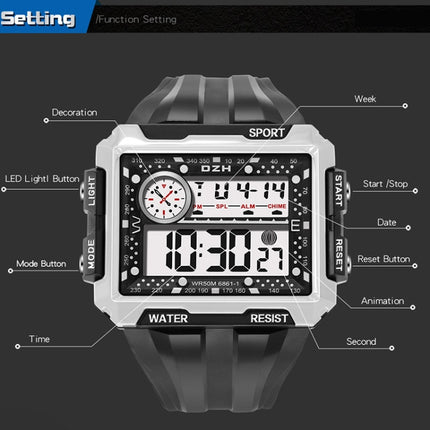 SYNOKE 6861 Outdoor Luminous Waterproof Multi-Function Square Large Screen Display Sports Electronic Watch(Black)-garmade.com