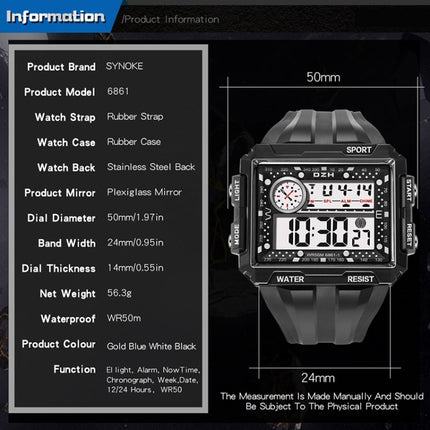 SYNOKE 6861 Outdoor Luminous Waterproof Multi-Function Square Large Screen Display Sports Electronic Watch(Black Gold)-garmade.com