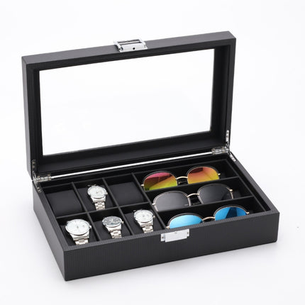 6+3 PU Watch Glasses Case Carbon Fiber PU Skin Watch Box Sunglasses Box(Black)-garmade.com