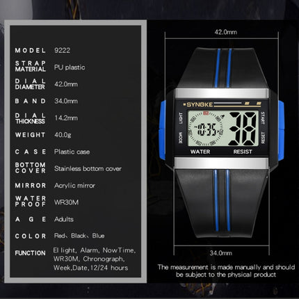 SYNOKE 9222 Men Large Screen Square Multi-Function Waterproof Luminous Electronic Watch(Black)-garmade.com