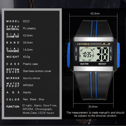 SYNOKE 9222 Men Large Screen Square Multi-Function Waterproof Luminous Electronic Watch(Blue)-garmade.com