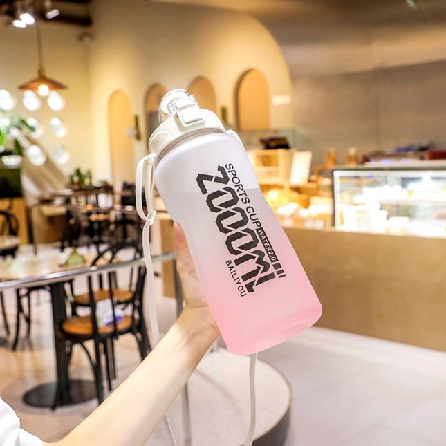 2000ml Frosted Gradient Color Large-Capacity Sports Water Cup Outdoor Portable Straw Water Bottle(Pink White)-garmade.com