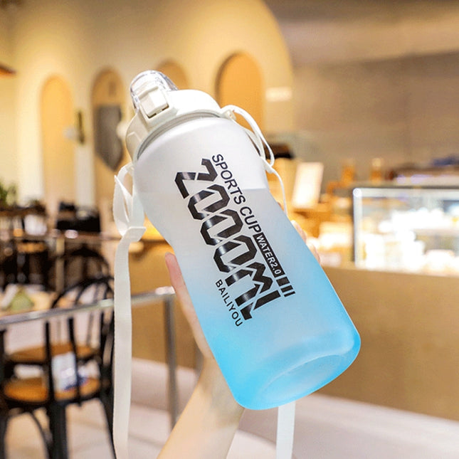 2000ml Frosted Gradient Color Large-Capacity Sports Water Cup Outdoor Portable Straw Water Bottle(Blue White)-garmade.com
