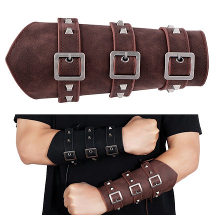 P01994 Men Leather Bracer Personality Punk Riding Arm Guard(Brown)-garmade.com