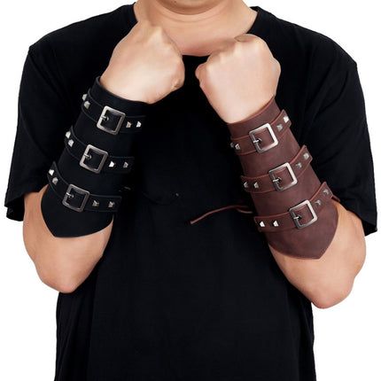 P01994 Men Leather Bracer Personality Punk Riding Arm Guard(Brown)-garmade.com