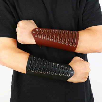 P01901 Simple Wax Wire Woven Leather Wristband Locomotive Riding Arm Guard(Brown)-garmade.com