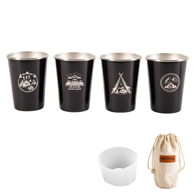 4 PCS / Set Outdoor Picnic Stainless Steel Cup With Storage Bag+Silicone Holder (Black)-garmade.com