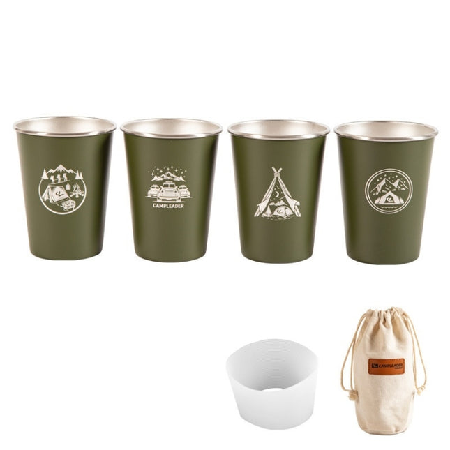 4 PCS / Set Outdoor Picnic Stainless Steel Cup With Storage Bag+Silicone Holder (Army Green)-garmade.com