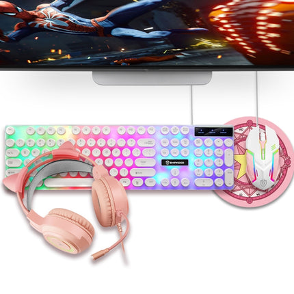 Shipadoo LD-122 4 in 1 Girly Glowing Keyboard + Mouse + Earphone + Mouse Pad Set(Pink Punk)-garmade.com