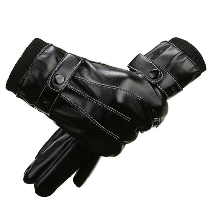 Winter Men PU Leather Touch Screen Plush Lining Warm Cycling Gloves, Size: Free Size(Black)-garmade.com
