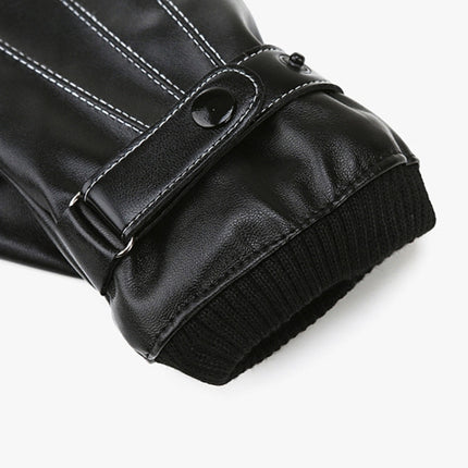 Winter Men PU Leather Touch Screen Plush Lining Warm Cycling Gloves, Size: Free Size(Black)-garmade.com