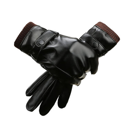 Men Autumn Winter Windproof Warm Plush Lining PU Riding Gloves, Size: Free Size(Black)-garmade.com