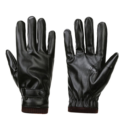 Men Autumn Winter Windproof Warm Plush Lining PU Riding Gloves, Size: Free Size(Black)-garmade.com