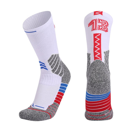 Men Terry Non-Slip Mid-Tube Sports Socks Basketball Socks, Size: Adult Free Size( No. 13 White Blue Red)-garmade.com