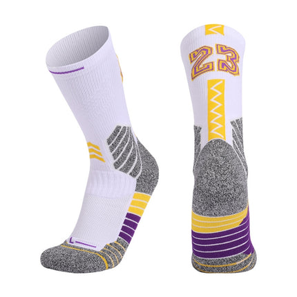 Men Terry Non-Slip Mid-Tube Sports Socks Basketball Socks, Size: Adult Free Size( NO.23 White Yellow)-garmade.com