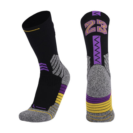 Men Terry Non-Slip Mid-Tube Sports Socks Basketball Socks, Size: Adult Free Size( No. 23 Black Purple)-garmade.com