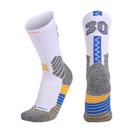 Men Terry Non-Slip Mid-Tube Sports Socks Basketball Socks, Size: Adult Free Size(NO.30 White Blue)-garmade.com